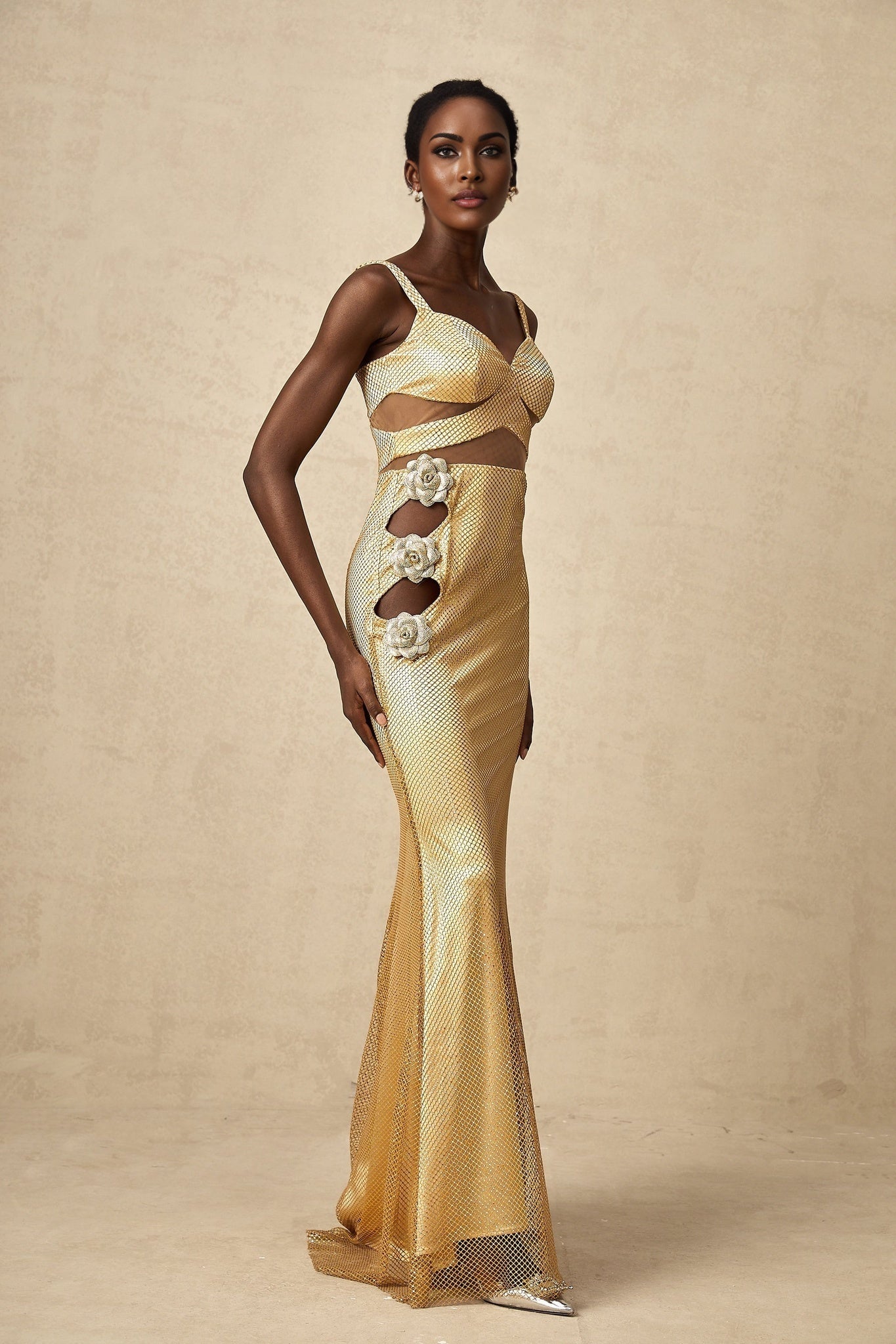 Alexa Maxi Dress - Sleeveless with Spaghetti Straps - Bustier Style with Cut - Out Design - Crystal and Faux - Flower Embellishment - Rear Zip and Mermaid Hem
