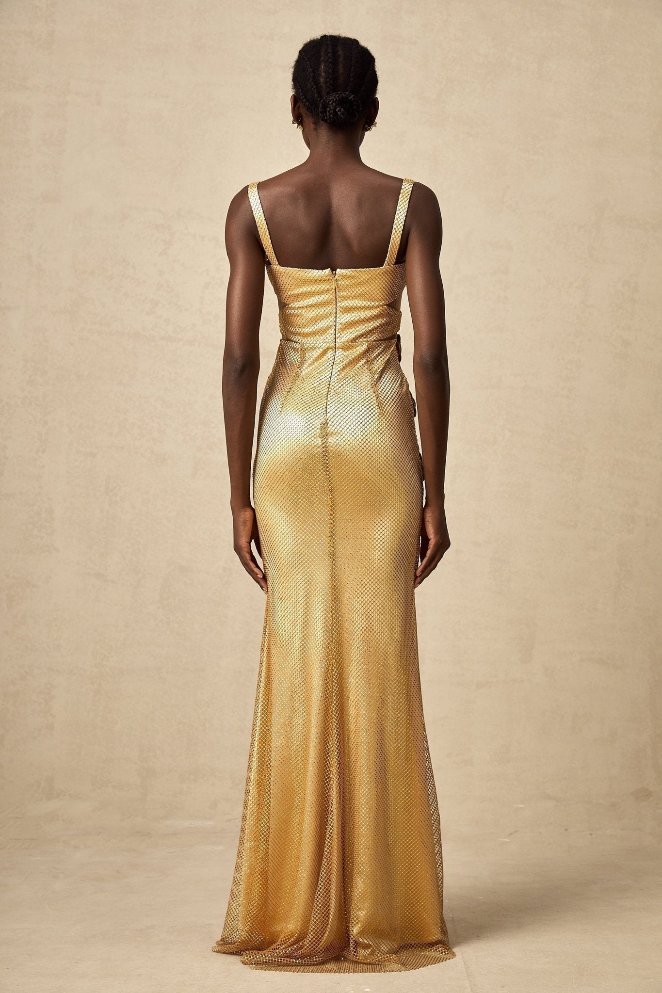 Alexa Maxi Dress - Sleeveless with Spaghetti Straps - Bustier Style with Cut - Out Design - Crystal and Faux - Flower Embellishment - Rear Zip and Mermaid Hem