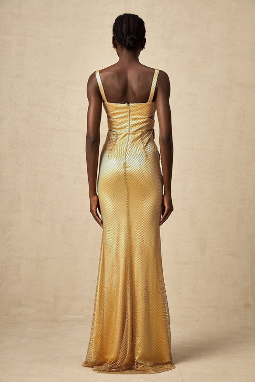 Alexa Maxi Dress - Sleeveless with Spaghetti Straps - Bustier Style with Cut - Out Design - Crystal and Faux - Flower Embellishment - Rear Zip and Mermaid Hem