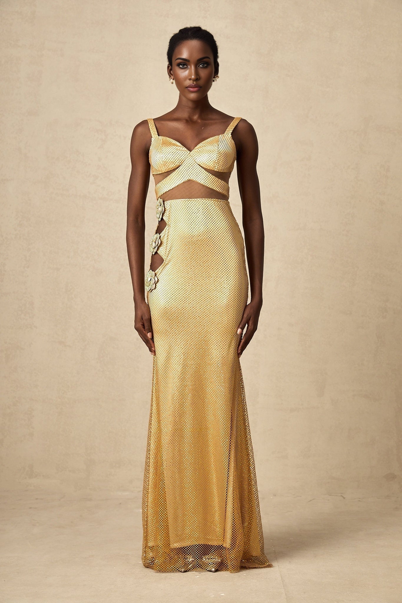 Alexa Maxi Dress - Sleeveless with Spaghetti Straps - Bustier Style with Cut - Out Design - Crystal and Faux - Flower Embellishment - Rear Zip and Mermaid Hem
