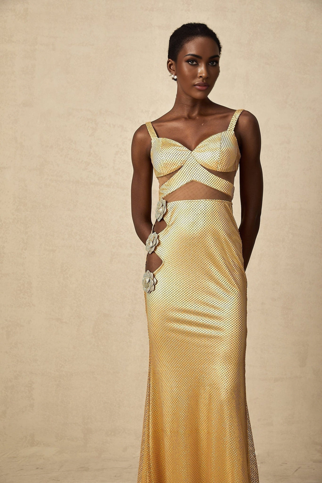 Alexa Maxi Dress - Sleeveless with Spaghetti Straps - Bustier Style with Cut - Out Design - Crystal and Faux - Flower Embellishment - Rear Zip and Mermaid Hem