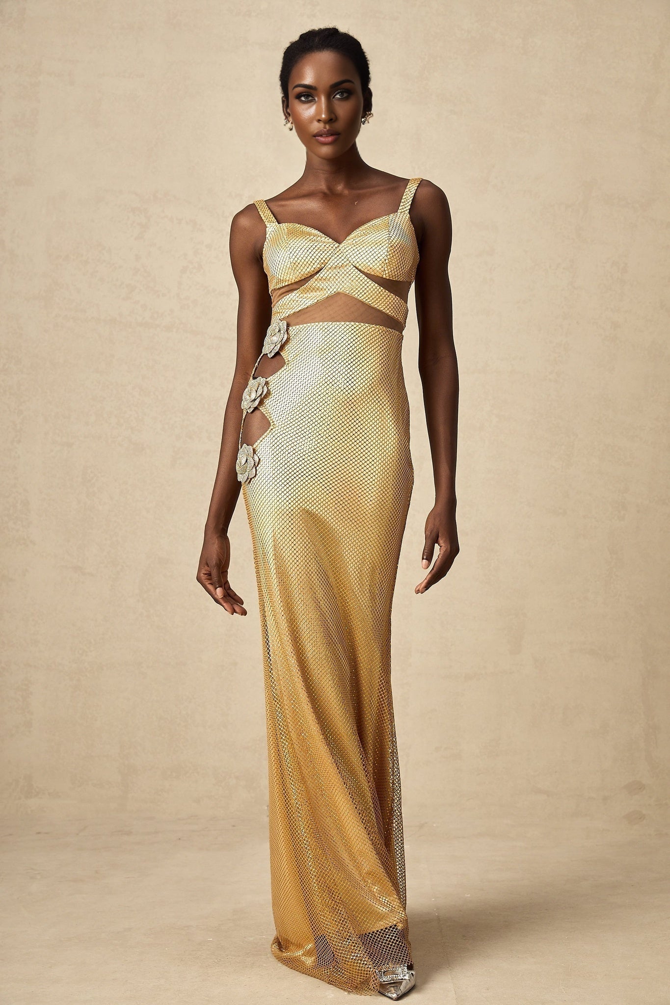 Alexa Maxi Dress - Sleeveless with Spaghetti Straps - Bustier Style with Cut - Out Design - Crystal and Faux - Flower Embellishment - Rear Zip and Mermaid Hem