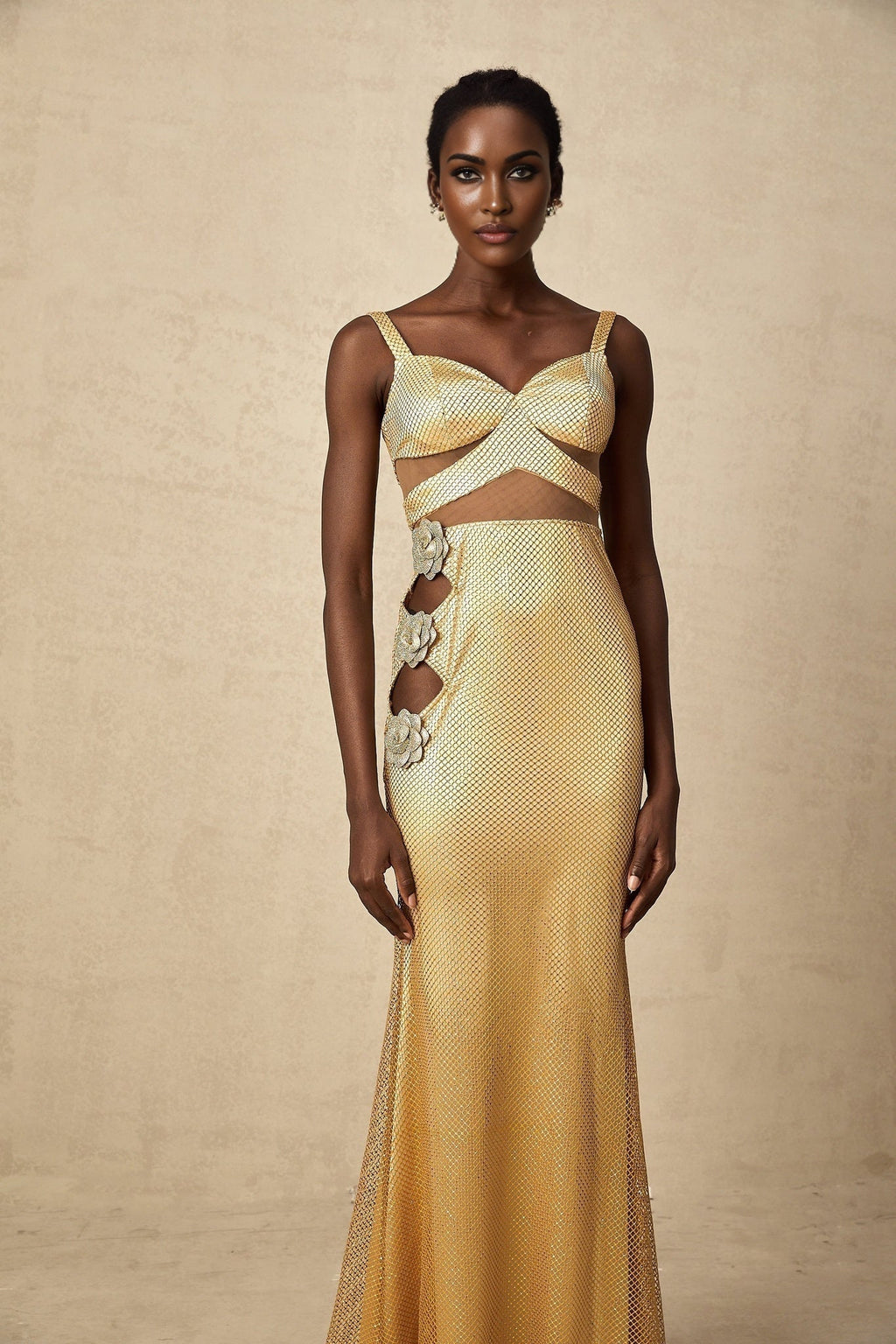 Alexa Maxi Dress - Sleeveless with Spaghetti Straps - Bustier Style with Cut - Out Design - Crystal and Faux - Flower Embellishment - Rear Zip and Mermaid Hem