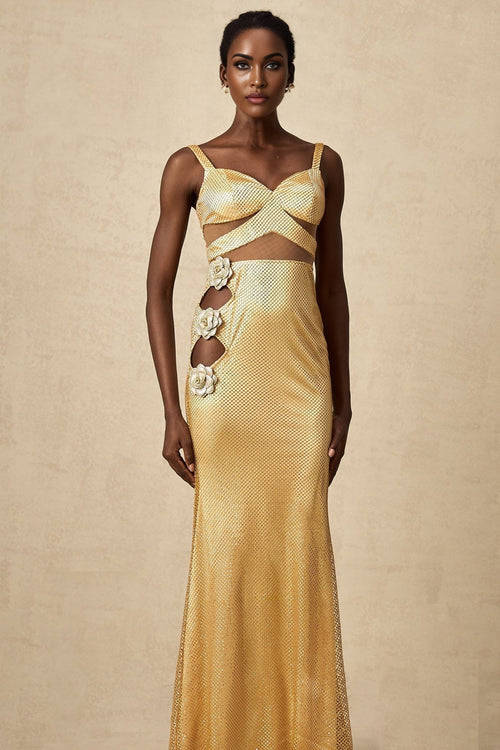 Alexa Maxi Dress - Sleeveless with Spaghetti Straps - Bustier Style with Cut - Out Design - Crystal and Faux - Flower Embellishment - Rear Zip and Mermaid Hem