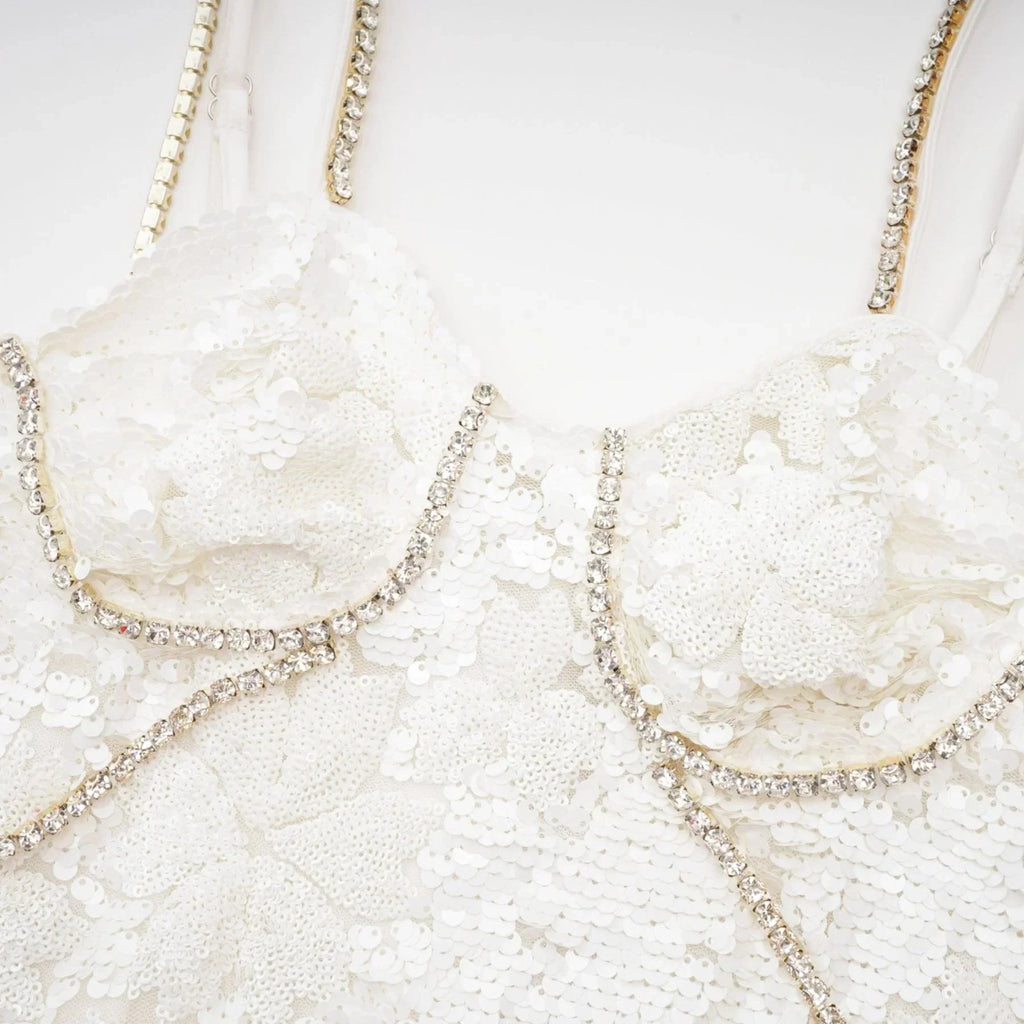 Alexa Mini Dress - Spaghetti Strap Sweetheart Bustier Crystal Sequin Faux - Flower Thigh - Length Zip Detail
