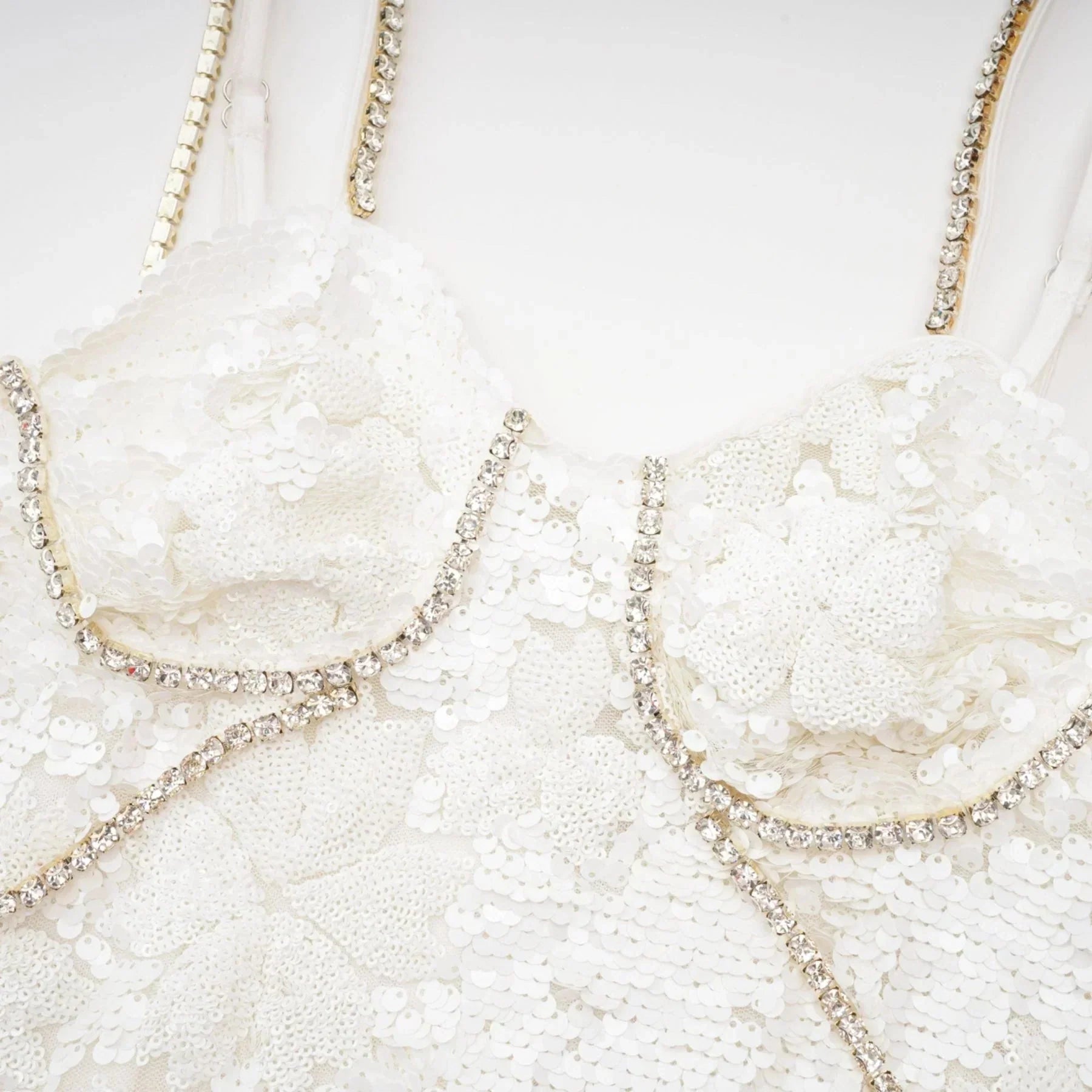 Alexa Mini Dress - Spaghetti Strap Sweetheart Bustier Crystal Sequin Faux - Flower Thigh - Length Zip Detail