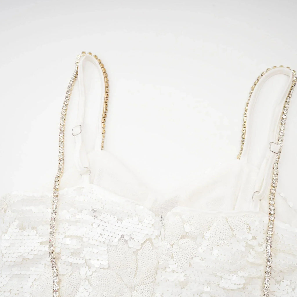Alexa Mini Dress - Spaghetti Strap Sweetheart Bustier Crystal Sequin Faux - Flower Thigh - Length Zip Detail