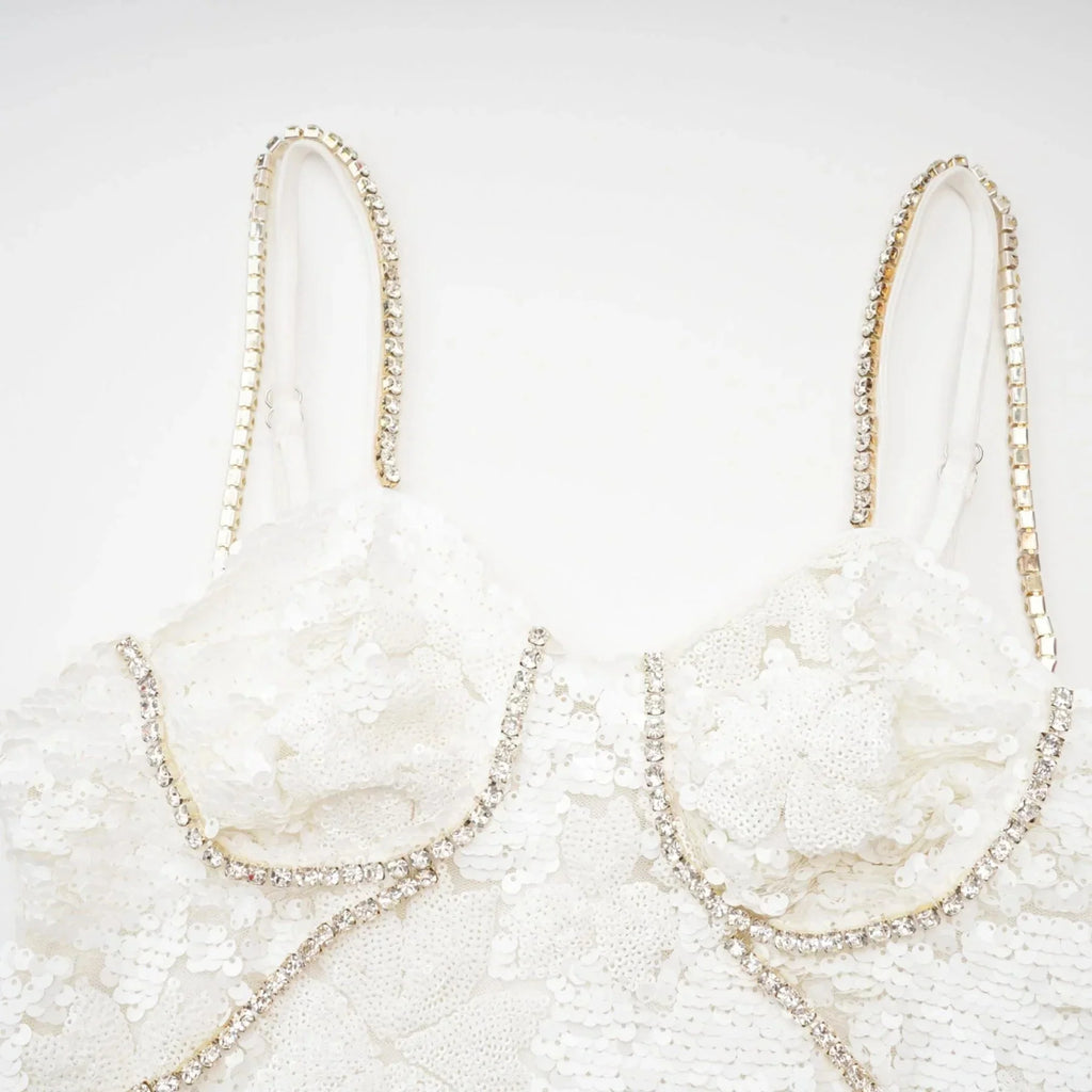 Alexa Mini Dress - Spaghetti Strap Sweetheart Bustier Crystal Sequin Faux - Flower Thigh - Length Zip Detail