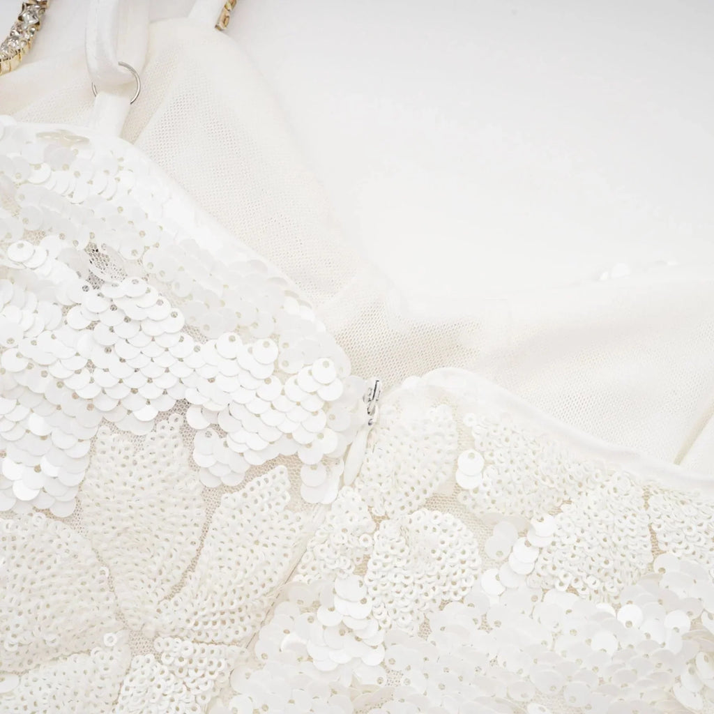 Alexa Mini Dress - Spaghetti Strap Sweetheart Bustier Crystal Sequin Faux - Flower Thigh - Length Zip Detail