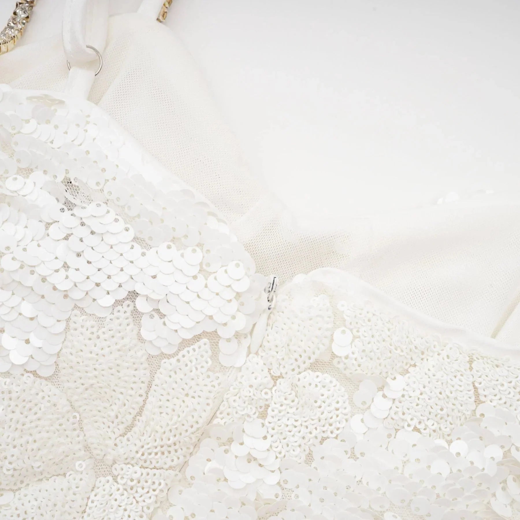 Alexa Mini Dress - Spaghetti Strap Sweetheart Bustier Crystal Sequin Faux - Flower Thigh - Length Zip Detail