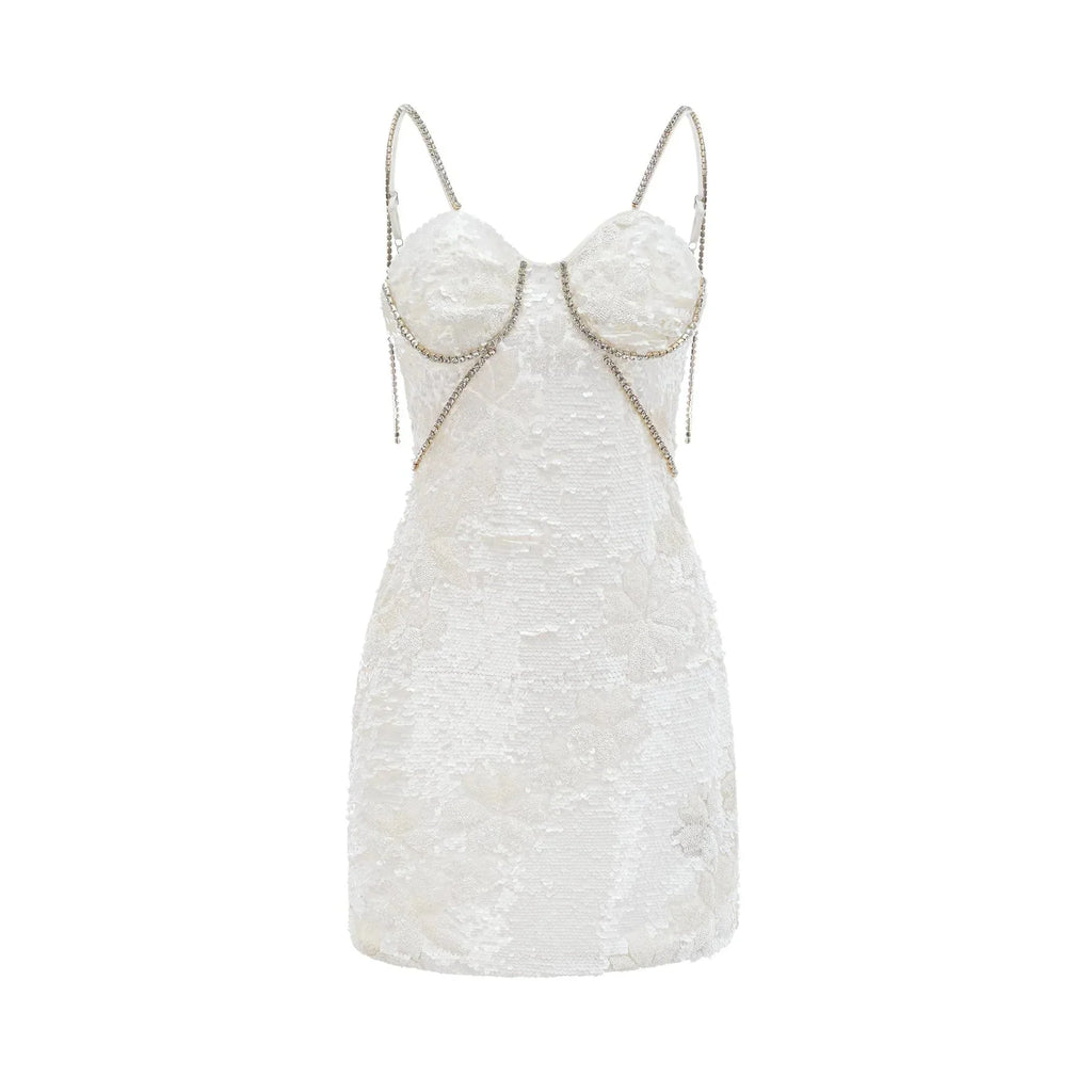 Alexa Mini Dress - Spaghetti Strap Sweetheart Bustier Crystal Sequin Faux - Flower Thigh - Length Zip Detail