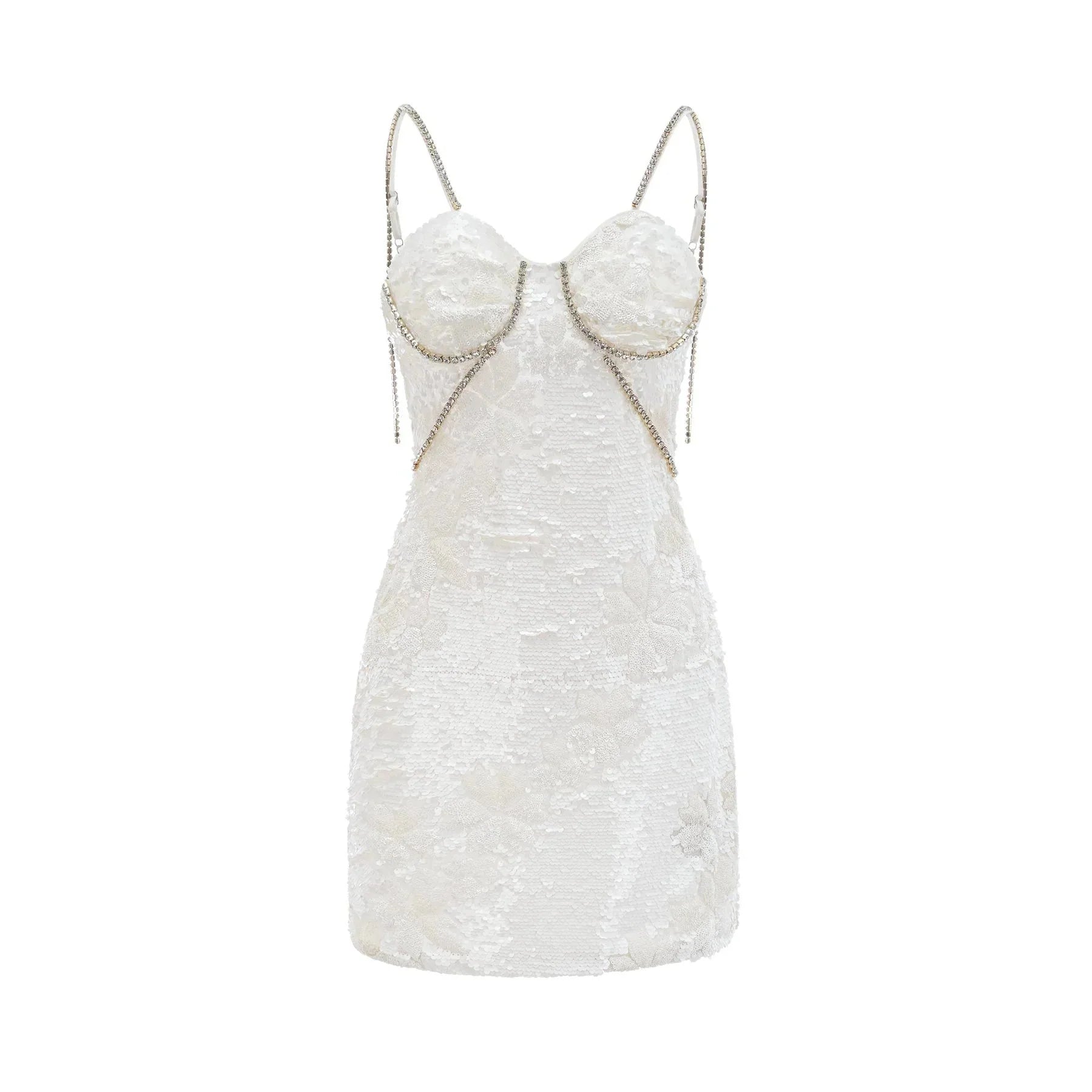 Alexa Mini Dress - Spaghetti Strap Sweetheart Bustier Crystal Sequin Faux - Flower Thigh - Length Zip Detail