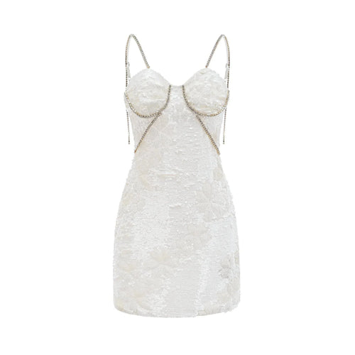 Alexa Mini Dress - Spaghetti Strap Sweetheart Bustier Crystal Sequin Faux - Flower Thigh - Length Zip Detail
