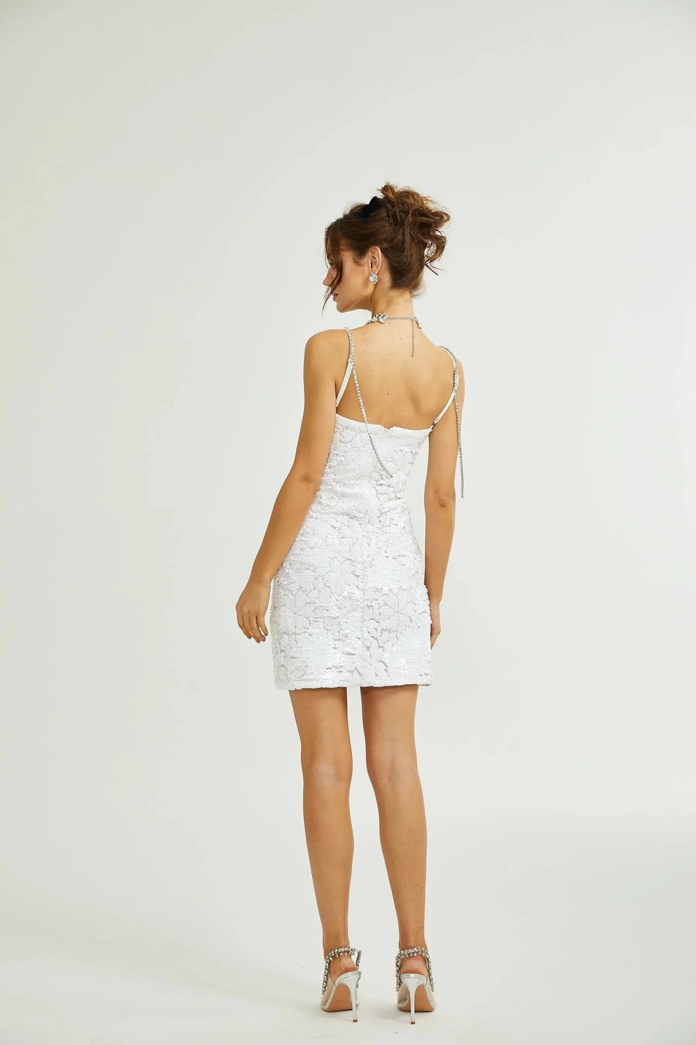 Alexa Mini Dress - Spaghetti Strap Sweetheart Bustier Crystal Sequin Faux - Flower Thigh - Length Zip Detail