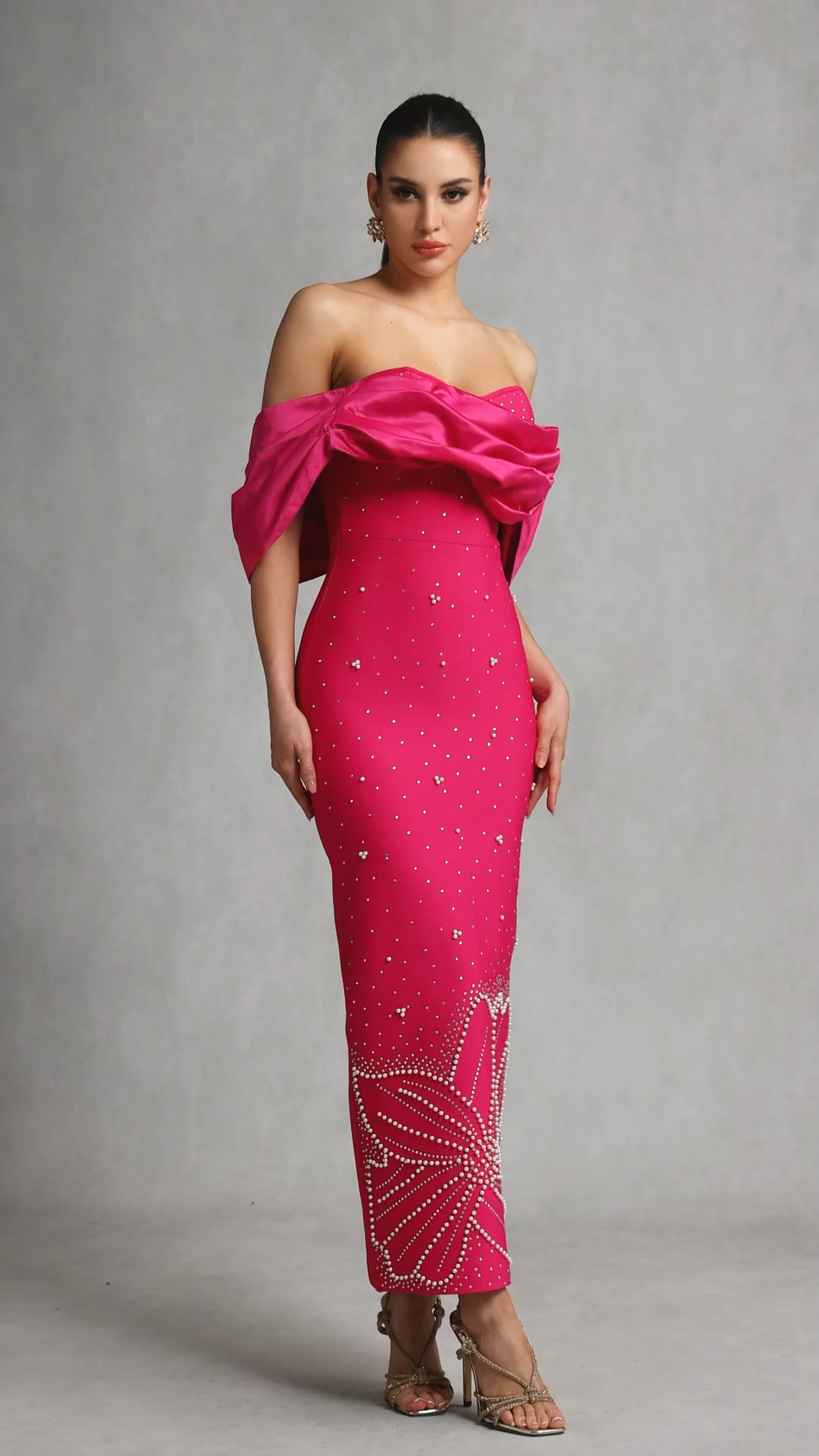 Alexa Pink Off-Shoulder Rhinestone Dress
