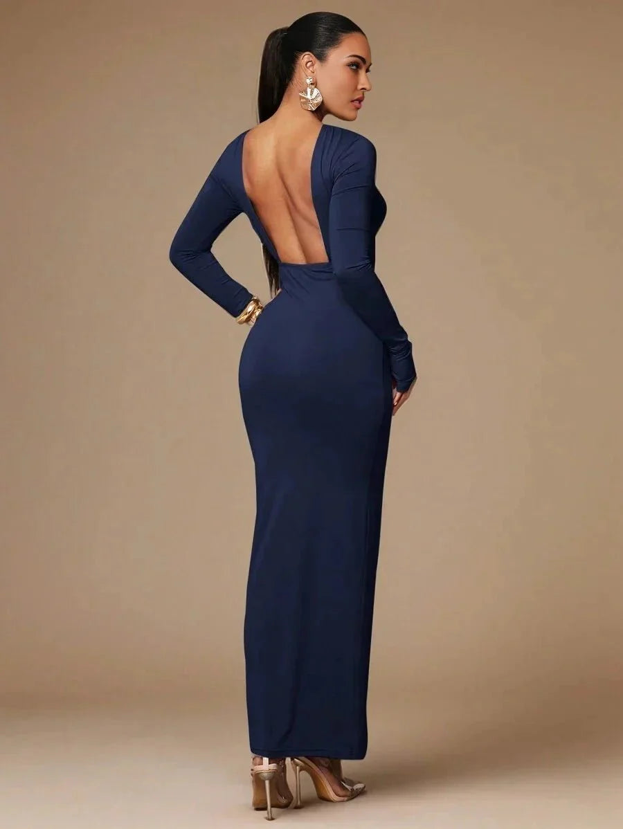 Alexandra Maxi Dress - Boat Neckline - Pencil Hem - High Waist - Backless