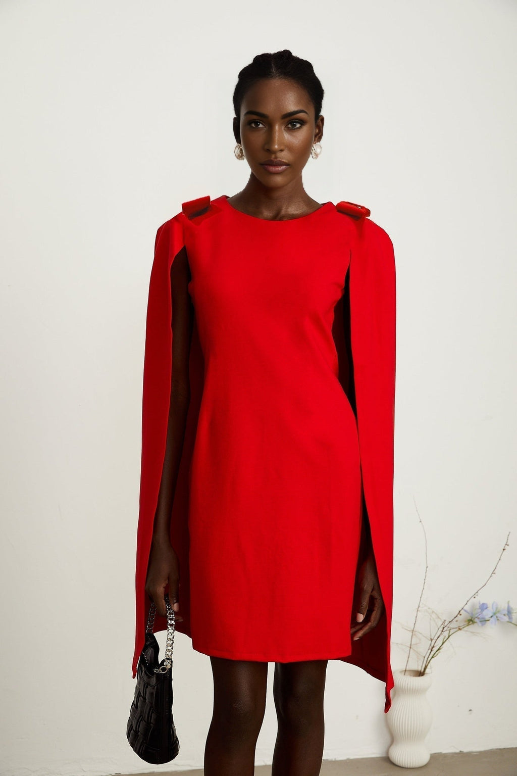 Alexandra Mini Dress - Boat Neckline - Long Sleeves - Cape Design - Bow Detailing