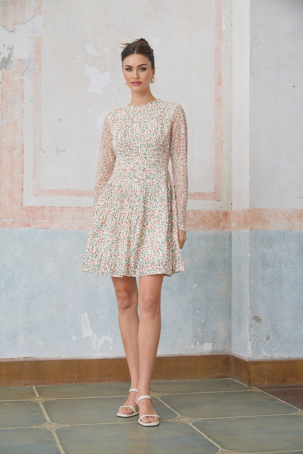 Alexandra Mini Dress - Floral - Long Sleeves - Cinched Waist - Flounce Hem