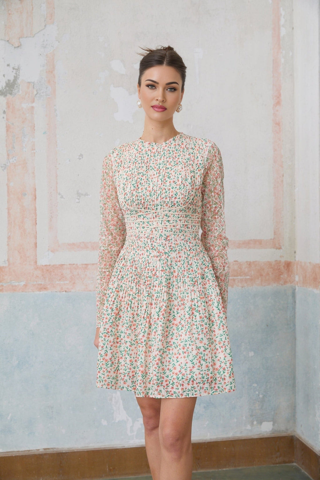 Alexandra Mini Dress - Floral - Long Sleeves - Cinched Waist - Flounce Hem
