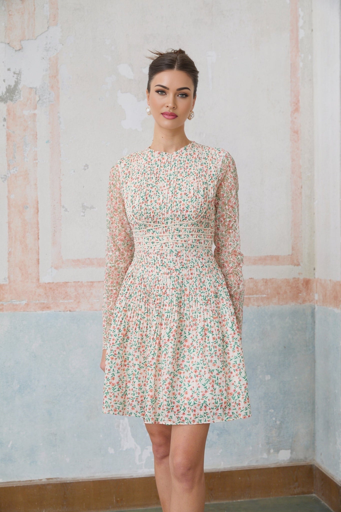 Alexandra Mini Dress - Floral - Long Sleeves - Cinched Waist - Flounce Hem