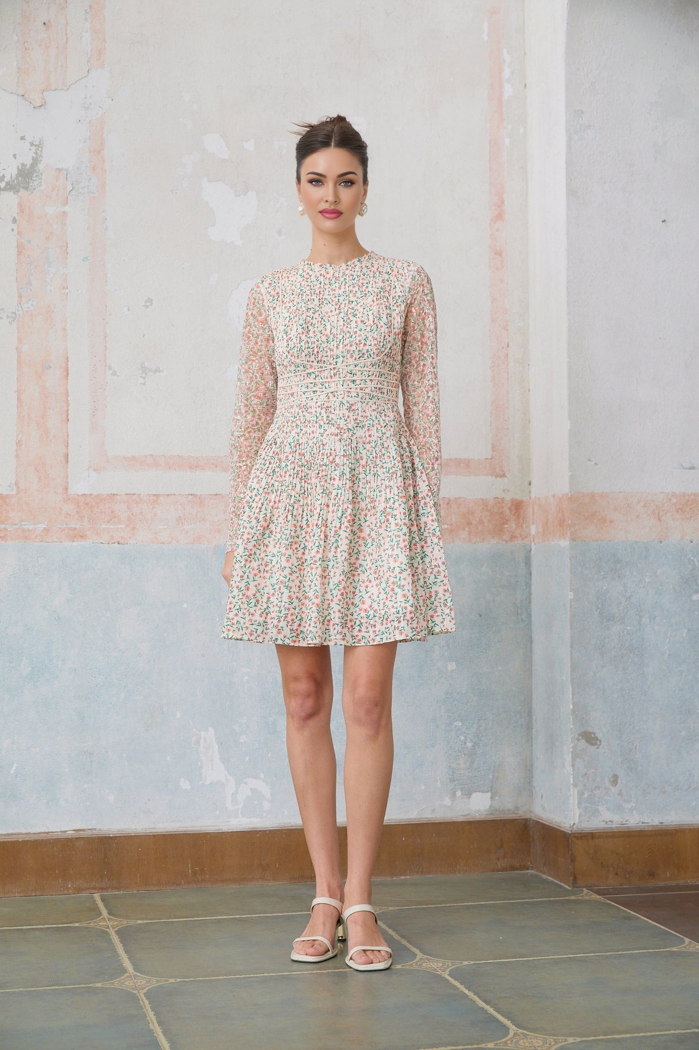 Alexandra Mini Dress - Floral - Long Sleeves - Cinched Waist - Flounce Hem