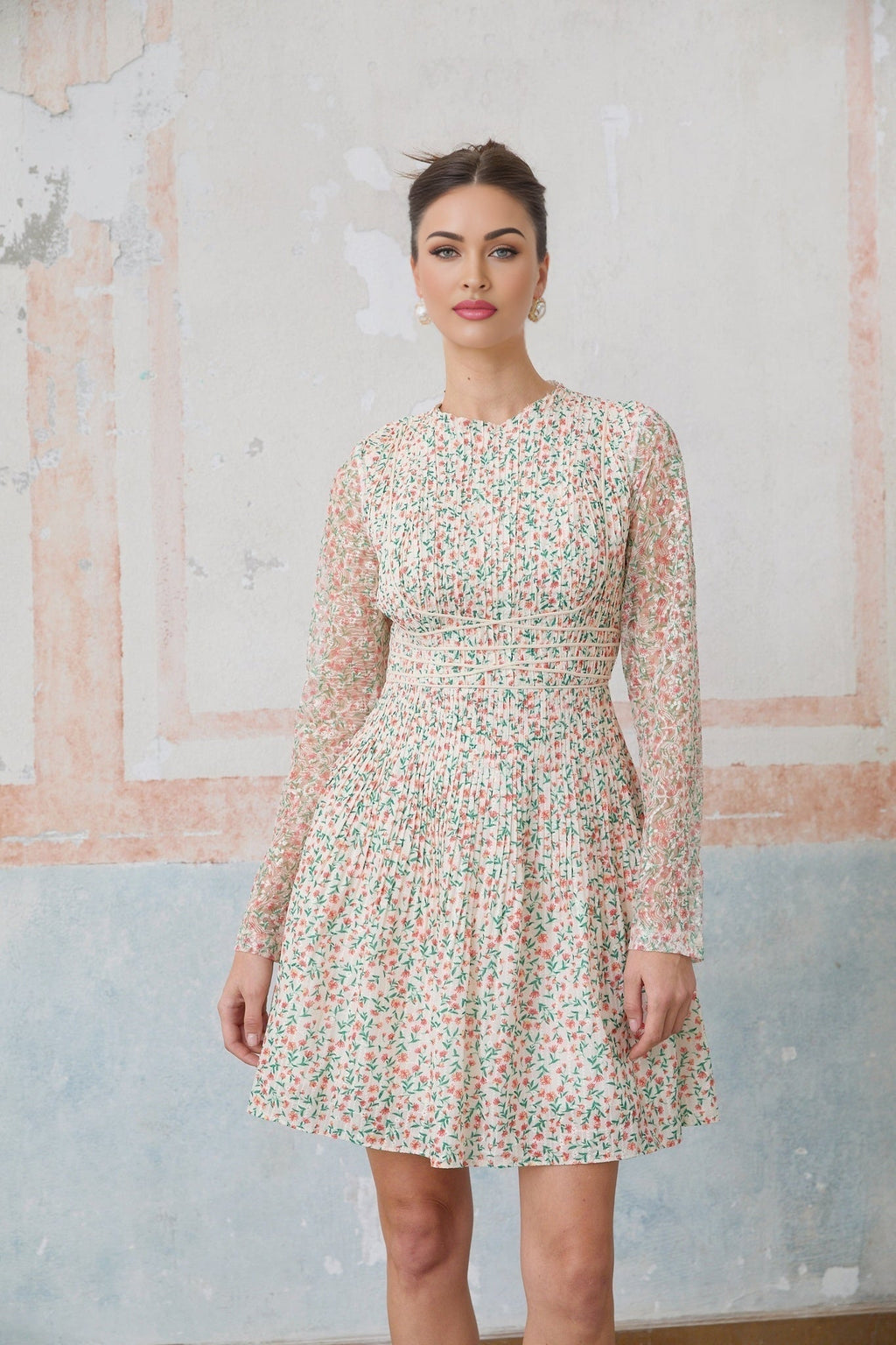 Alexandra Mini Dress - Floral - Long Sleeves - Cinched Waist - Flounce Hem