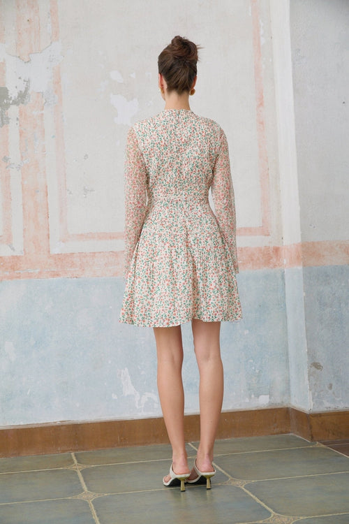 Alexandra Mini Dress - Floral - Long Sleeves - Cinched Waist - Flounce Hem