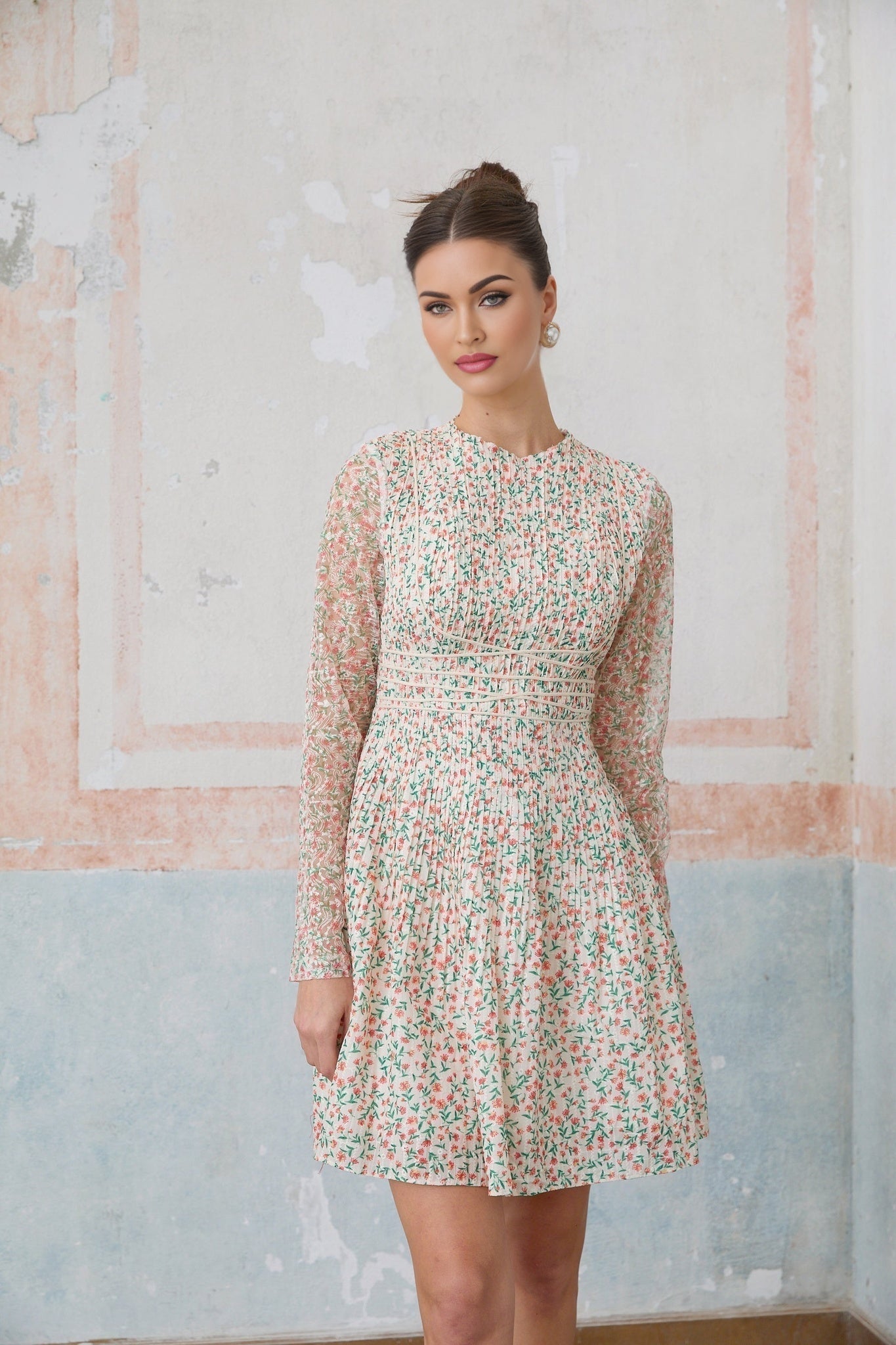 Alexandra Mini Dress - Floral - Long Sleeves - Cinched Waist - Flounce Hem