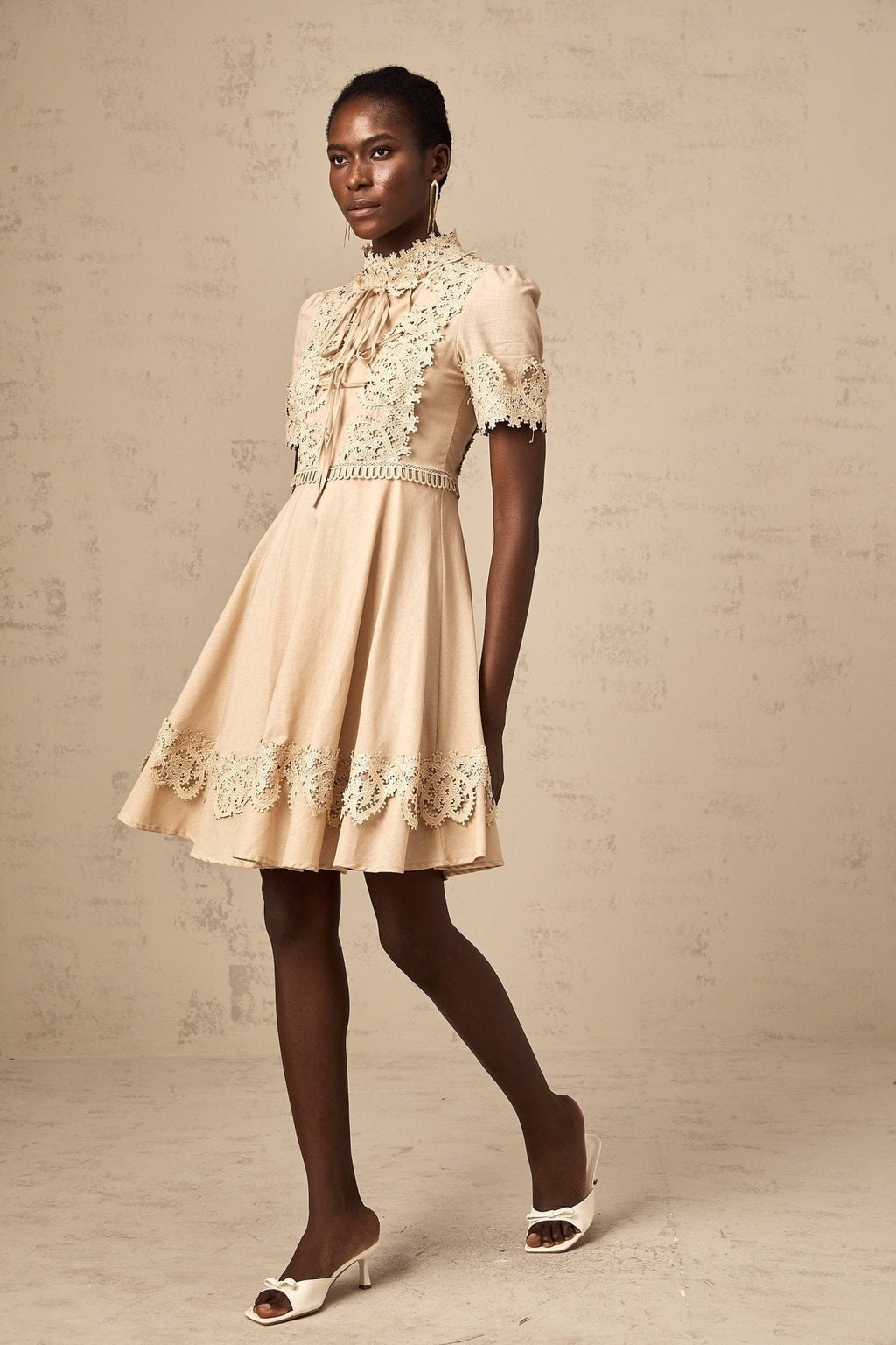 Alexandra Mini Dress - Mock Neck - Corded Lace Detailing - Flared Skirt - Lace - Up Fastening - Button Fastening