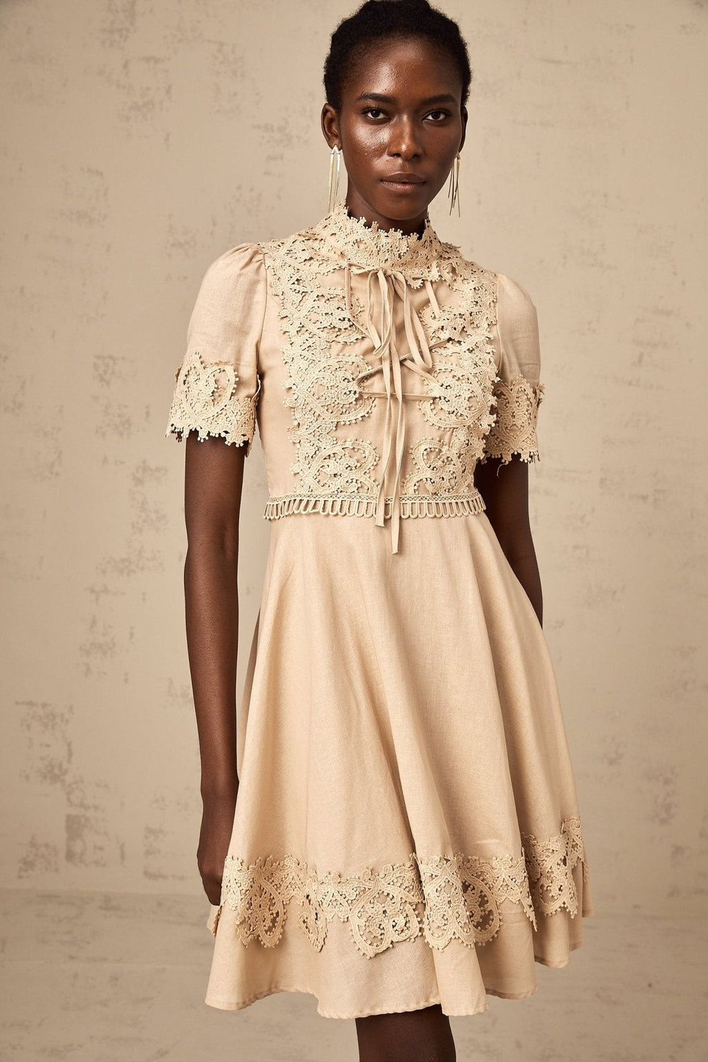 Alexandra Mini Dress - Mock Neck - Corded Lace Detailing - Flared Skirt - Lace - Up Fastening - Button Fastening