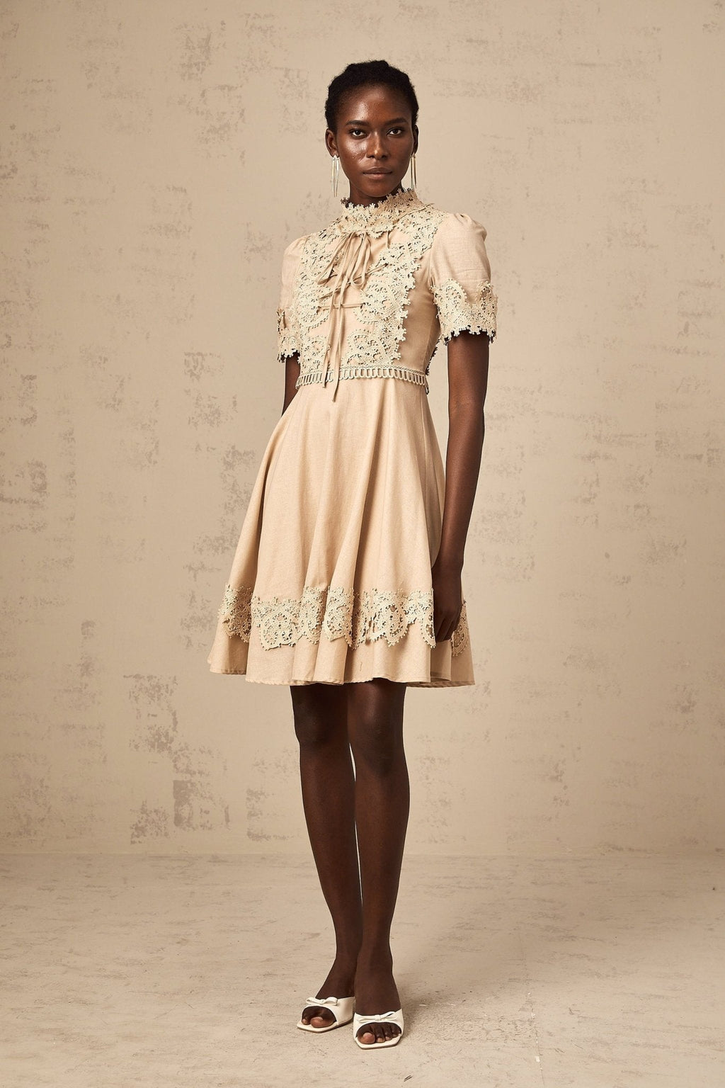 Alexandra Mini Dress - Mock Neck - Corded Lace Detailing - Flared Skirt - Lace - Up Fastening - Button Fastening