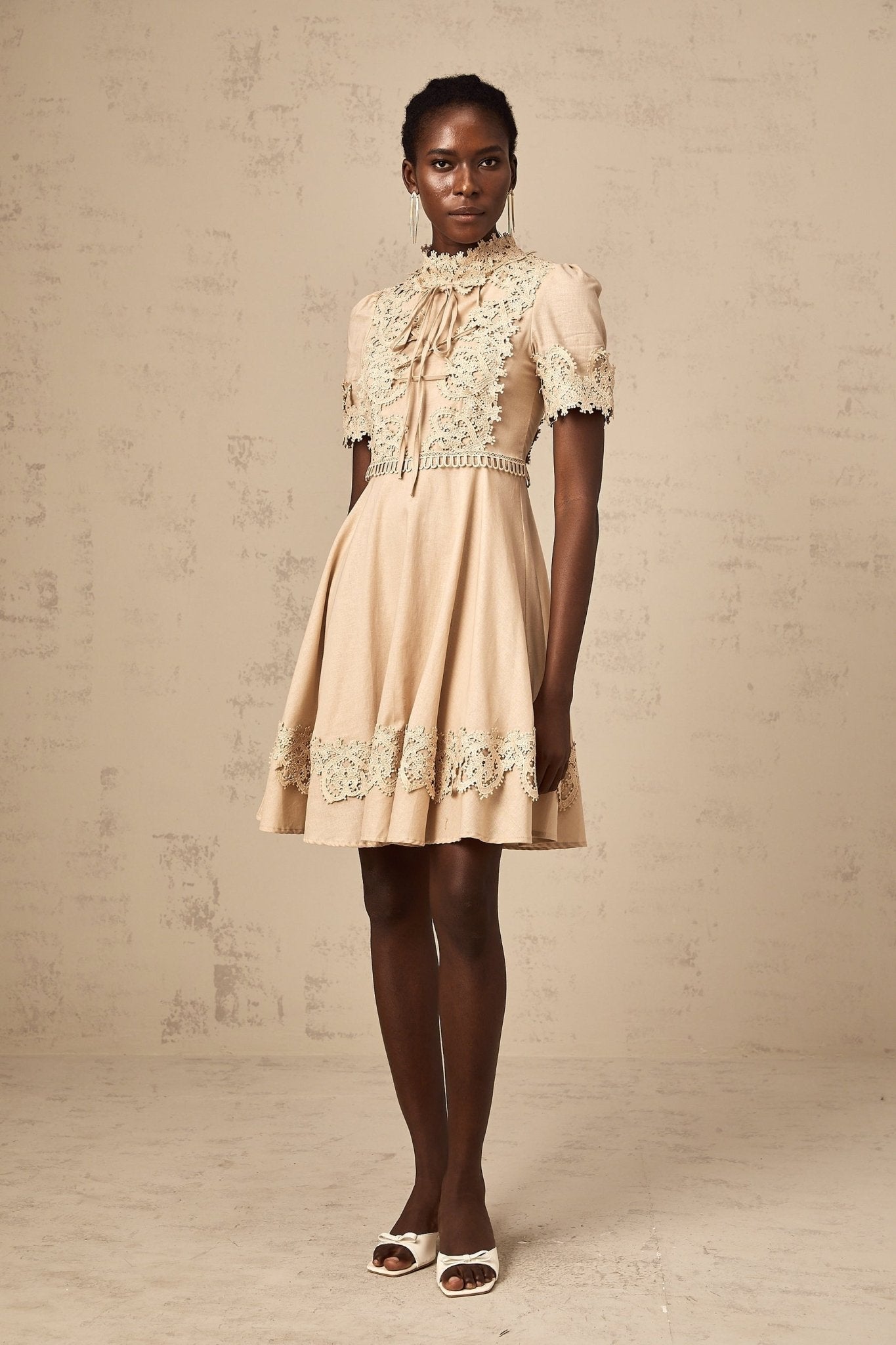 Alexandra Mini Dress - Mock Neck - Corded Lace Detailing - Flared Skirt - Lace - Up Fastening - Button Fastening