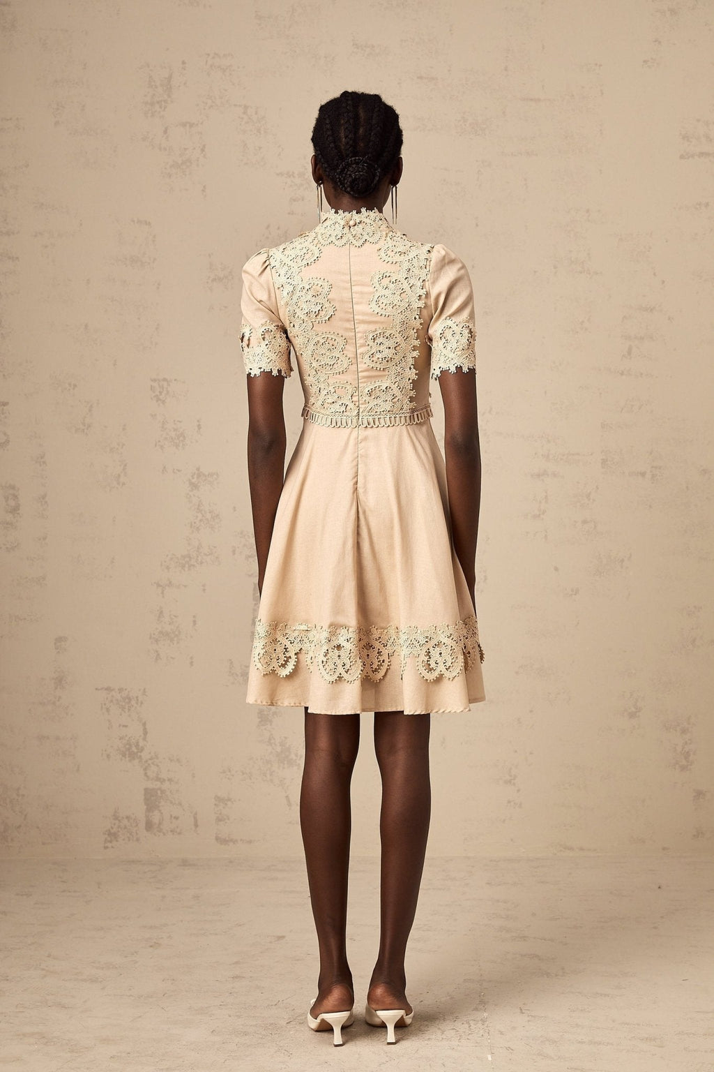 Alexandra Mini Dress - Mock Neck - Corded Lace Detailing - Flared Skirt - Lace - Up Fastening - Button Fastening
