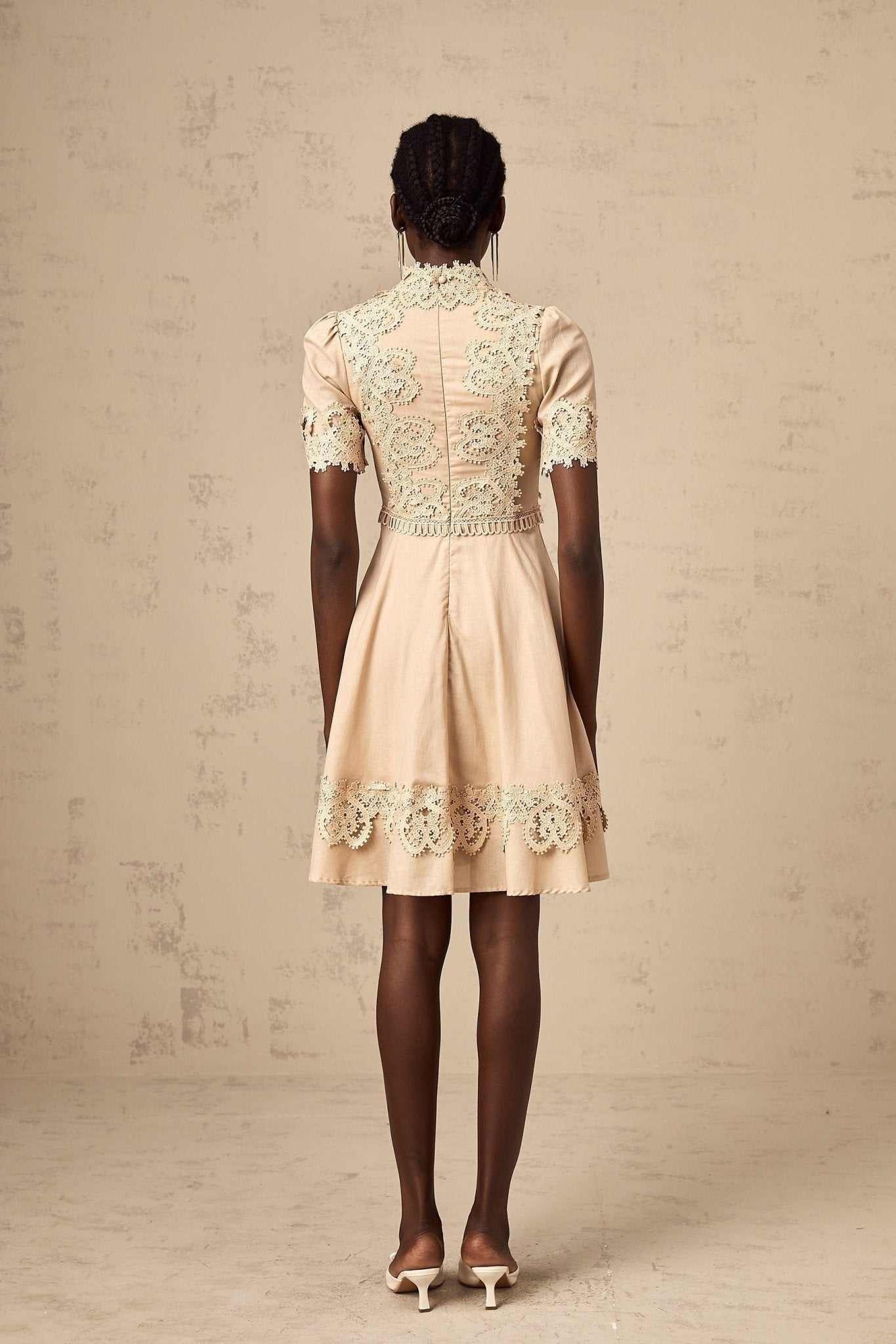 Alexandra Mini Dress - Mock Neck - Corded Lace Detailing - Flared Skirt - Lace - Up Fastening - Button Fastening