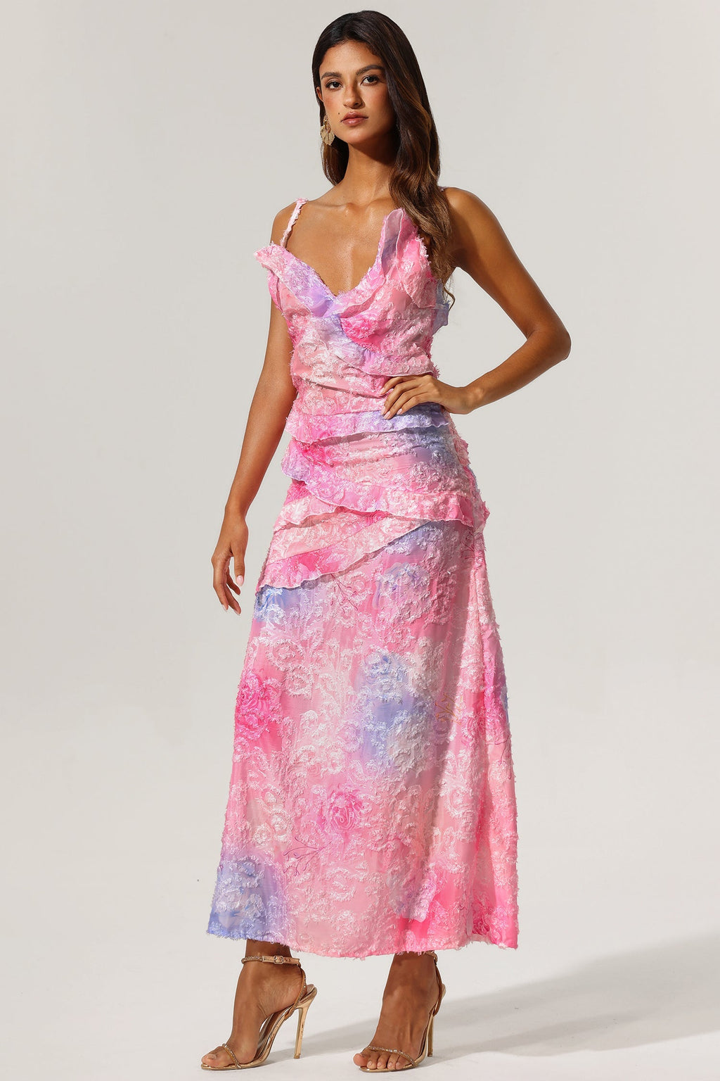 Alexandra Pink Floral Ruffle V-Neck Dress Lightweight Springtime Beauty