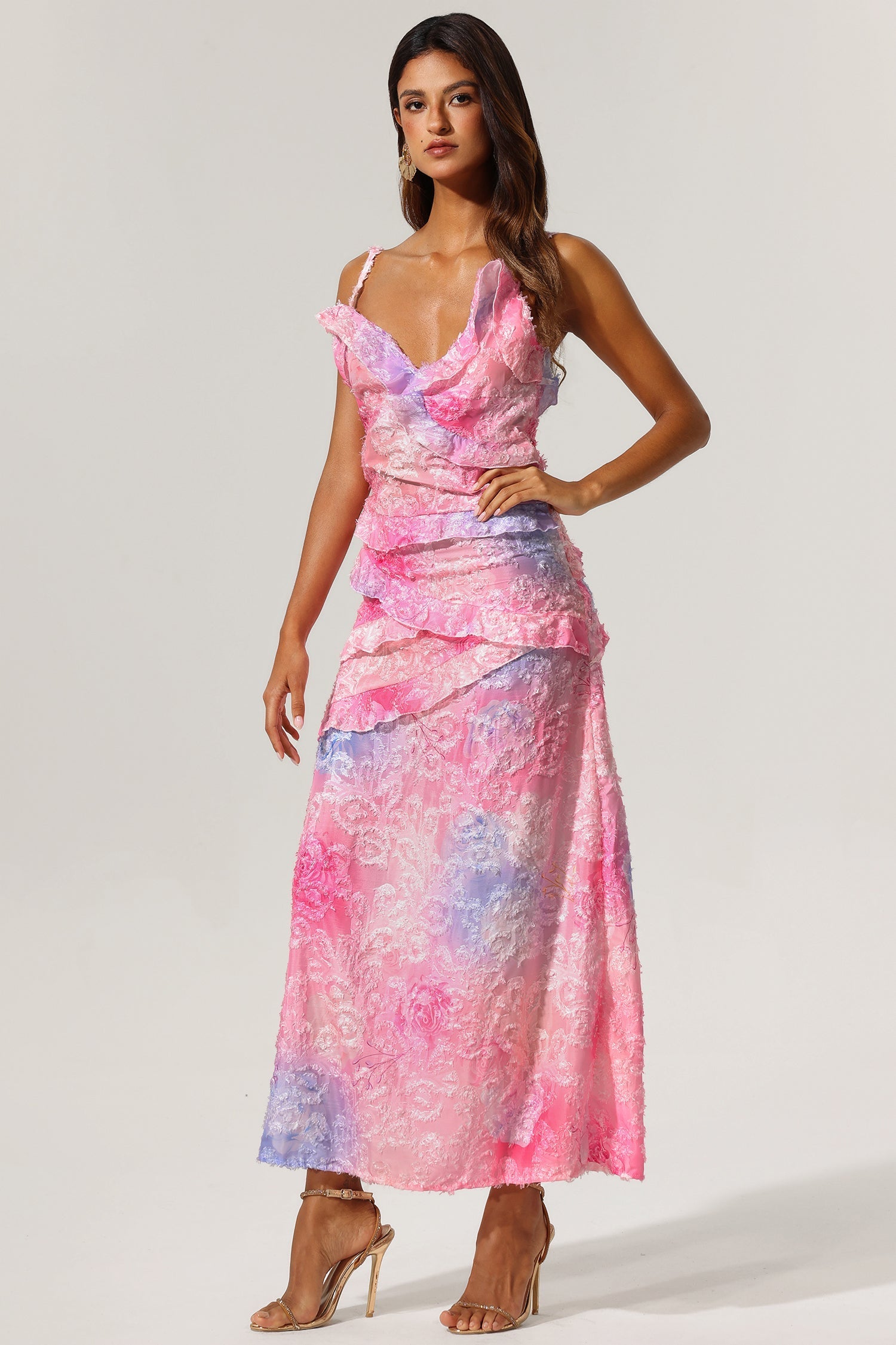 Alexandra Pink Floral Ruffle V-Neck Dress Lightweight Springtime Beauty