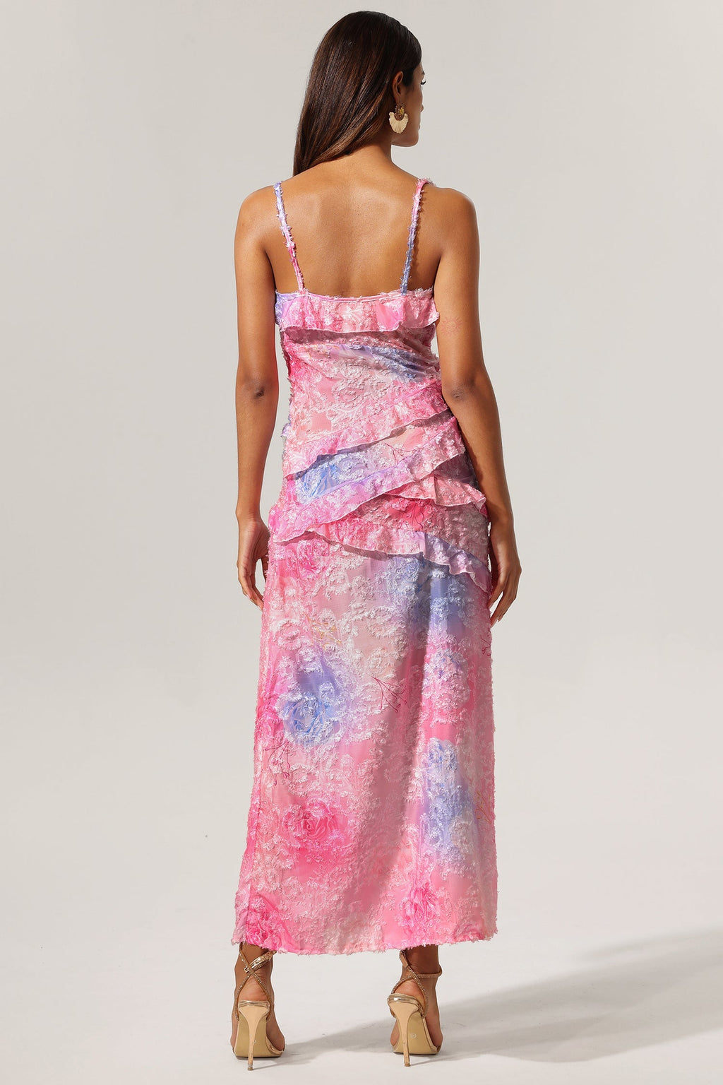 Alexandra Pink Floral Ruffled Layered V-Neck Dress Lightweight Fabric Springtime Beauty