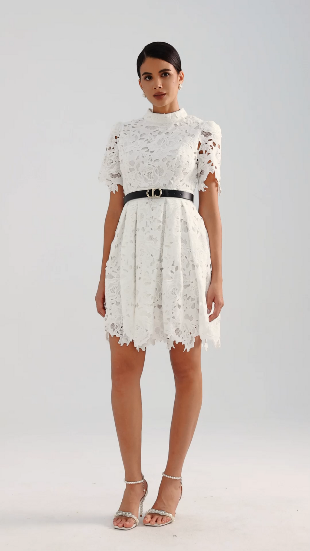 Alexandra White Lace High Neckline Dress Puffed Sleeves Belted Cinched Waist