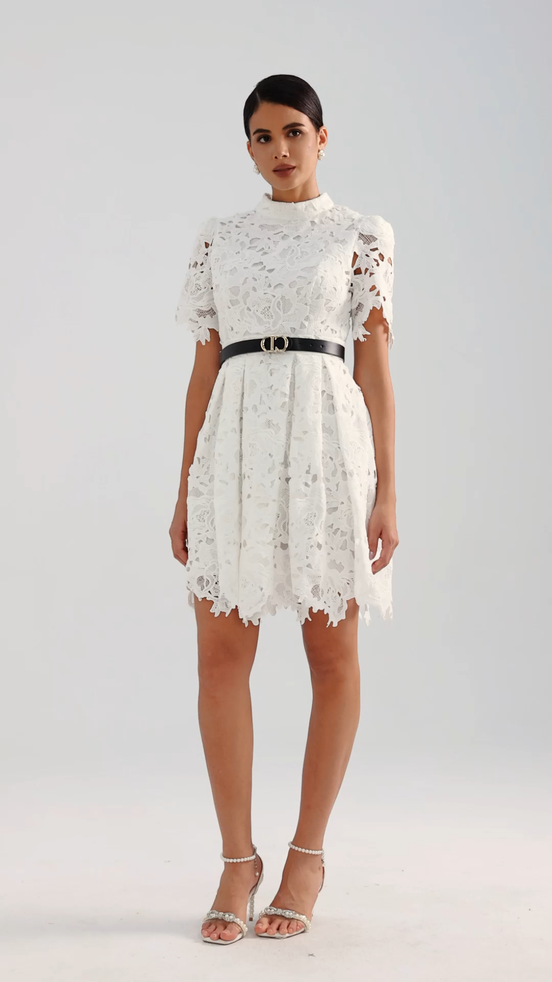 Alexandra White Lace High Neckline Dress Puffed Sleeves Belted Cinched Waist