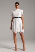 Alexandra White Lace High Neckline Dress with Puffed Sleeves and Belt