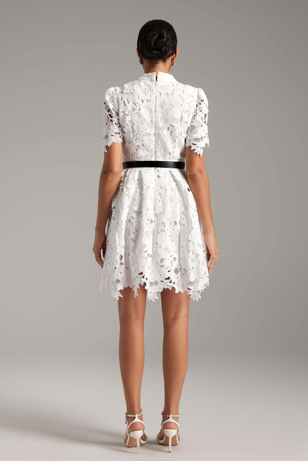 Alexandra White Lace High Neckline Dress with Puffed Sleeves and Cinched Waist