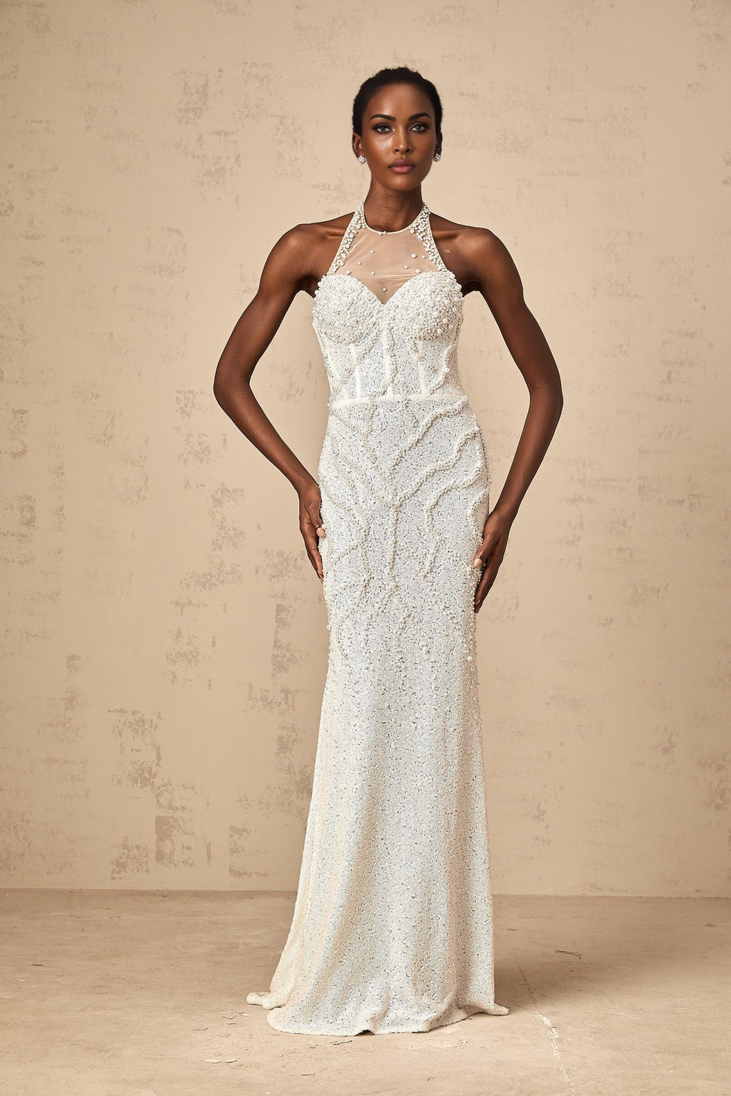 Alexis Maxi Dress - Backless Design - Faux - Pearl Embellishment - Semi - Sheer Tulle - Handmade Sequins & Pearls