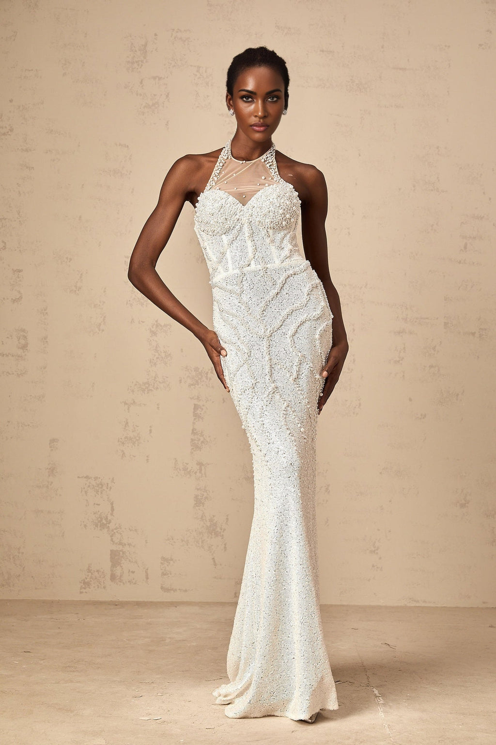 Alexis Maxi Dress - Backless Design - Faux - Pearl Embellishment - Semi - Sheer Tulle - Handmade Sequins & Pearls