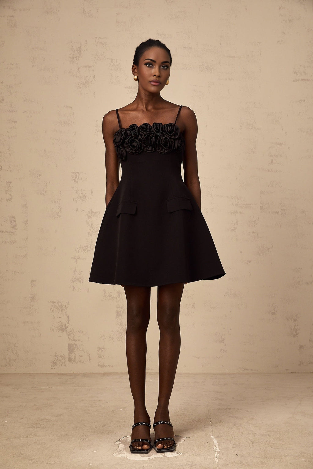Alfreda Floral Appliqué Mini Dress - Spaghetti Straps - Cinched Waist - Flared Skirt - Rear Zip Fastening