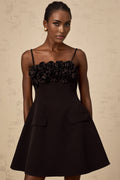 Alfreda Floral Appliqué Mini Dress - Spaghetti Straps - Cinched Waist - Flared Skirt - Rear Zip Fastening