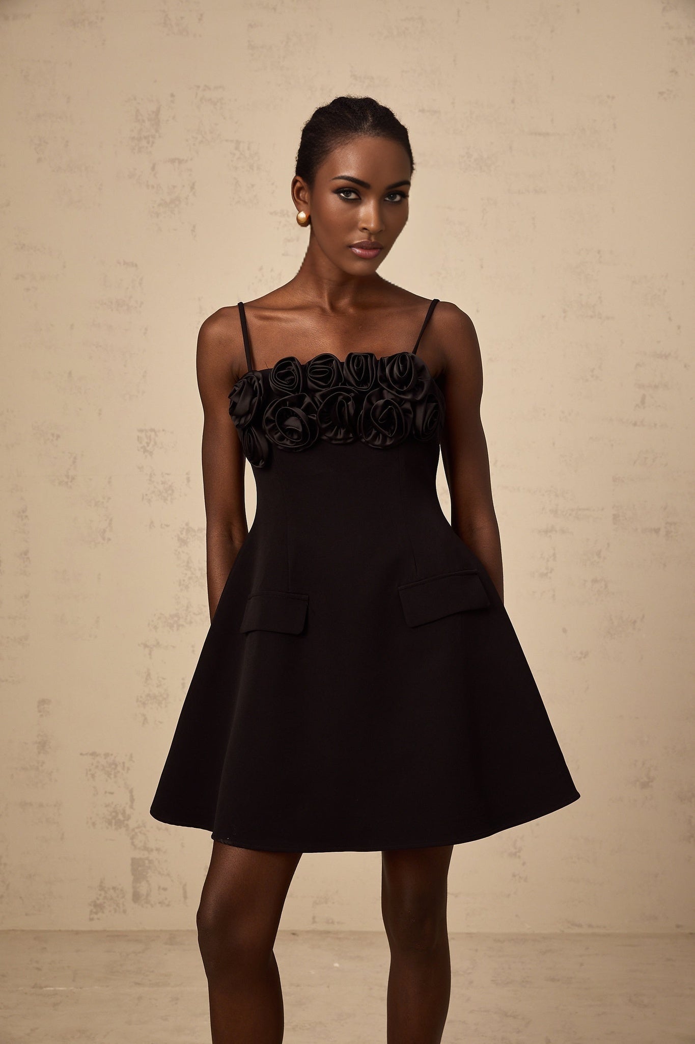 Alfreda Floral Appliqué Mini Dress - Spaghetti Straps - Cinched Waist - Flared Skirt - Rear Zip Fastening