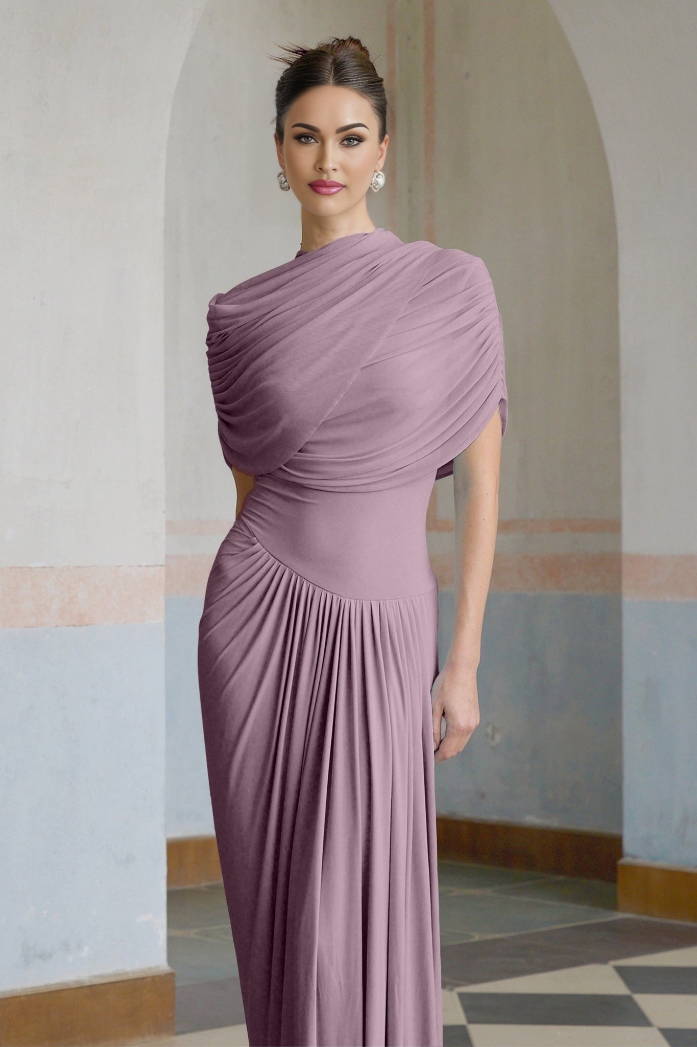 Alfreda Maxi Dress - Sleeveless Crew Neck - Pleated Asymmetric Shawl Design - Draped Detailing with Floor - Length Silhouette