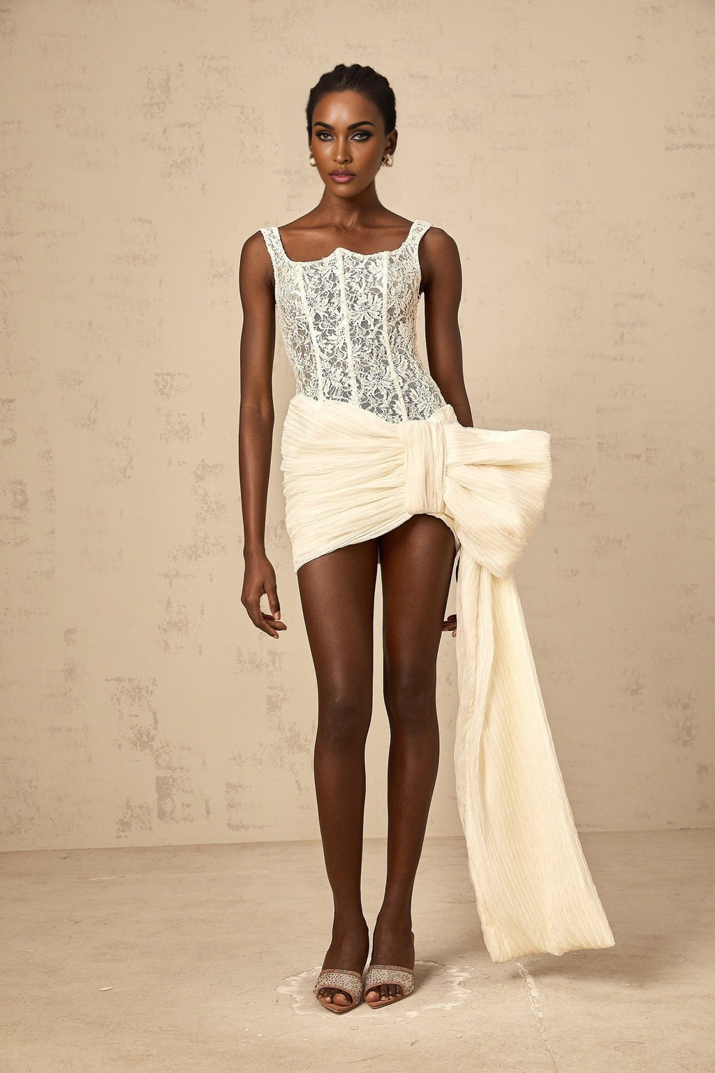 Alfreda Mini Dress – Sleeveless – Floral Lace Panelling – Oversize - Bow Embellishment