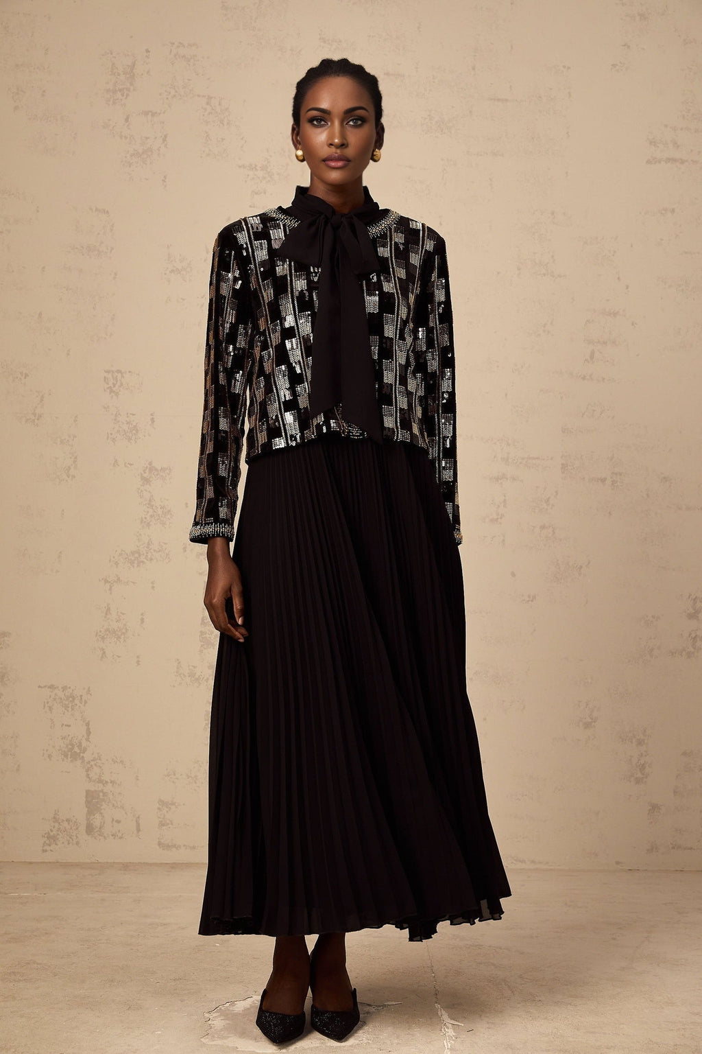 Alice Cardigan & Dress - Long Sleeve - Round Neck - Stud & Sequin Embellishment - Check Pattern