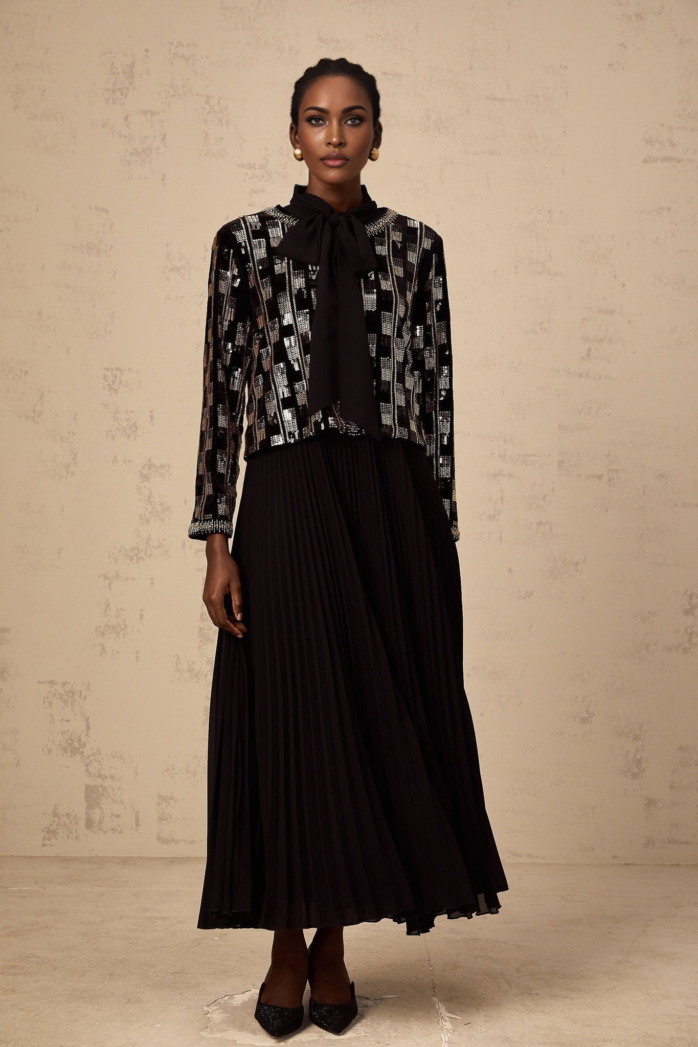 Alice Cardigan & Dress - Long Sleeve - Round Neck - Stud & Sequin Embellishment - Check Pattern